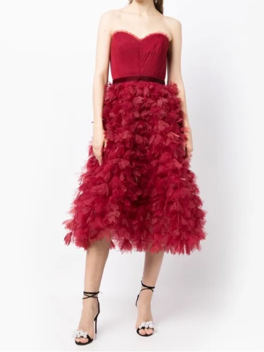 Marchesa Notte Strapless Ruffled Red Midi Dress NWT Size 6